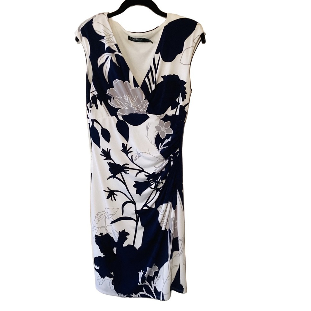 Lauren Ralph Lauren Sleeveless Navy and White Ruched Floral Dress 6